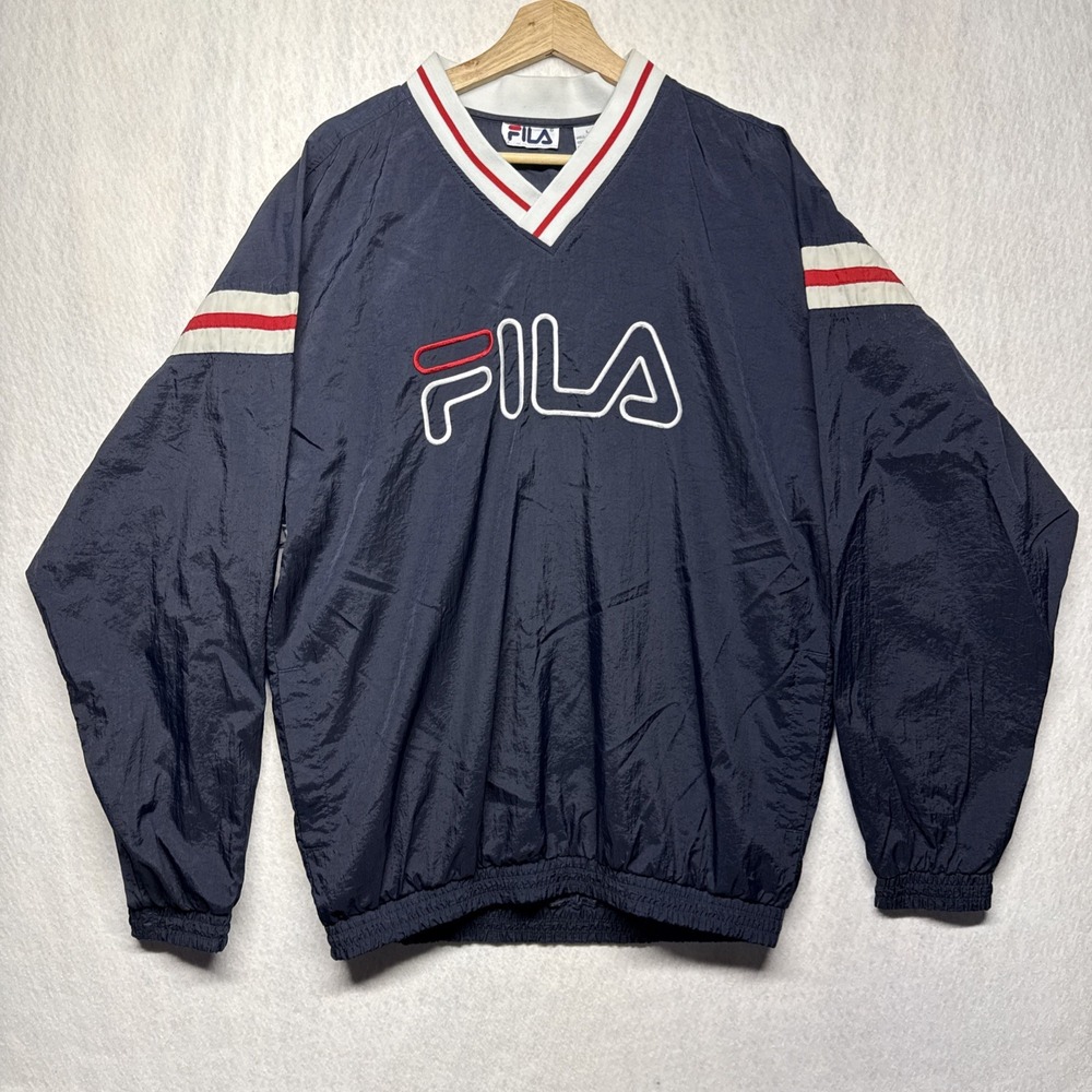 VTG Men's L Fila Nylon Windbreaker Pullover Sweater Big Logo Embroidered Blue